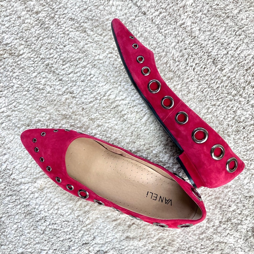 Vaneli Dark Raspberry Suede Flats with Covered Heel, Silver Grommet Accent Flats